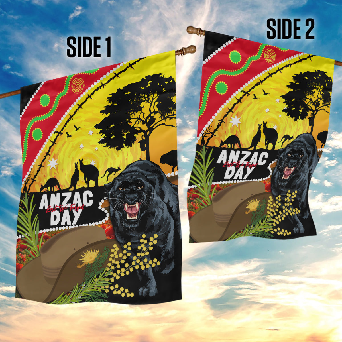 Panthers ANZAC Day Garden Flag Pennies Mascot Rosemary Starring Night Style