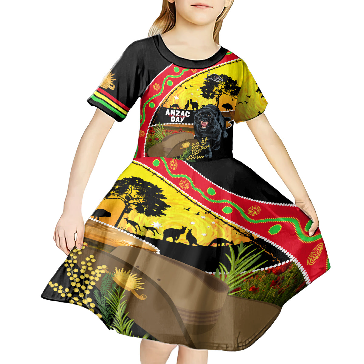 Panthers ANZAC Day Kid Short Sleeve Dress Pennies Mascot Rosemary Starring Night Style
