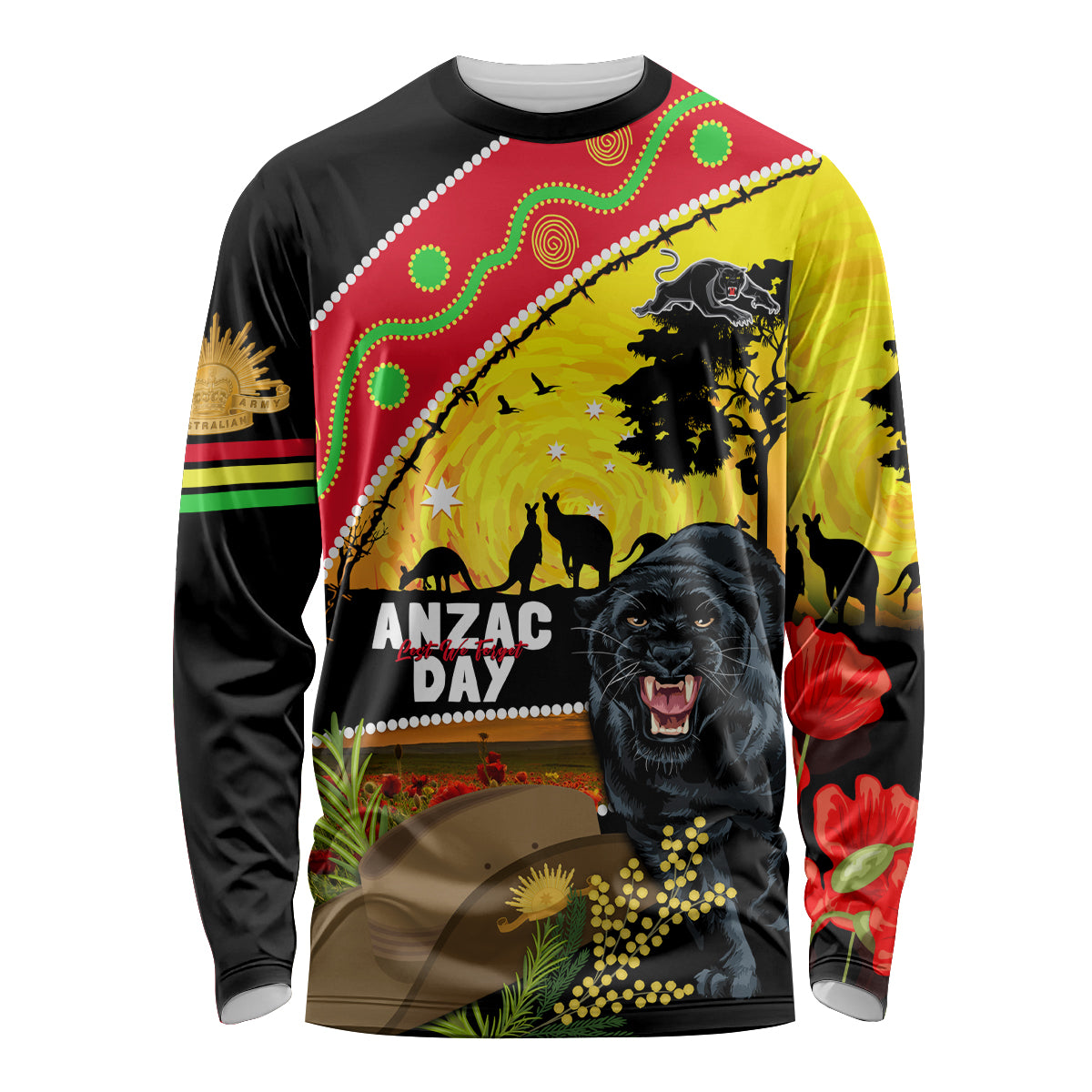 Panthers ANZAC Day Long Sleeve Shirt Pennies Mascot Rosemary Starring Night Style
