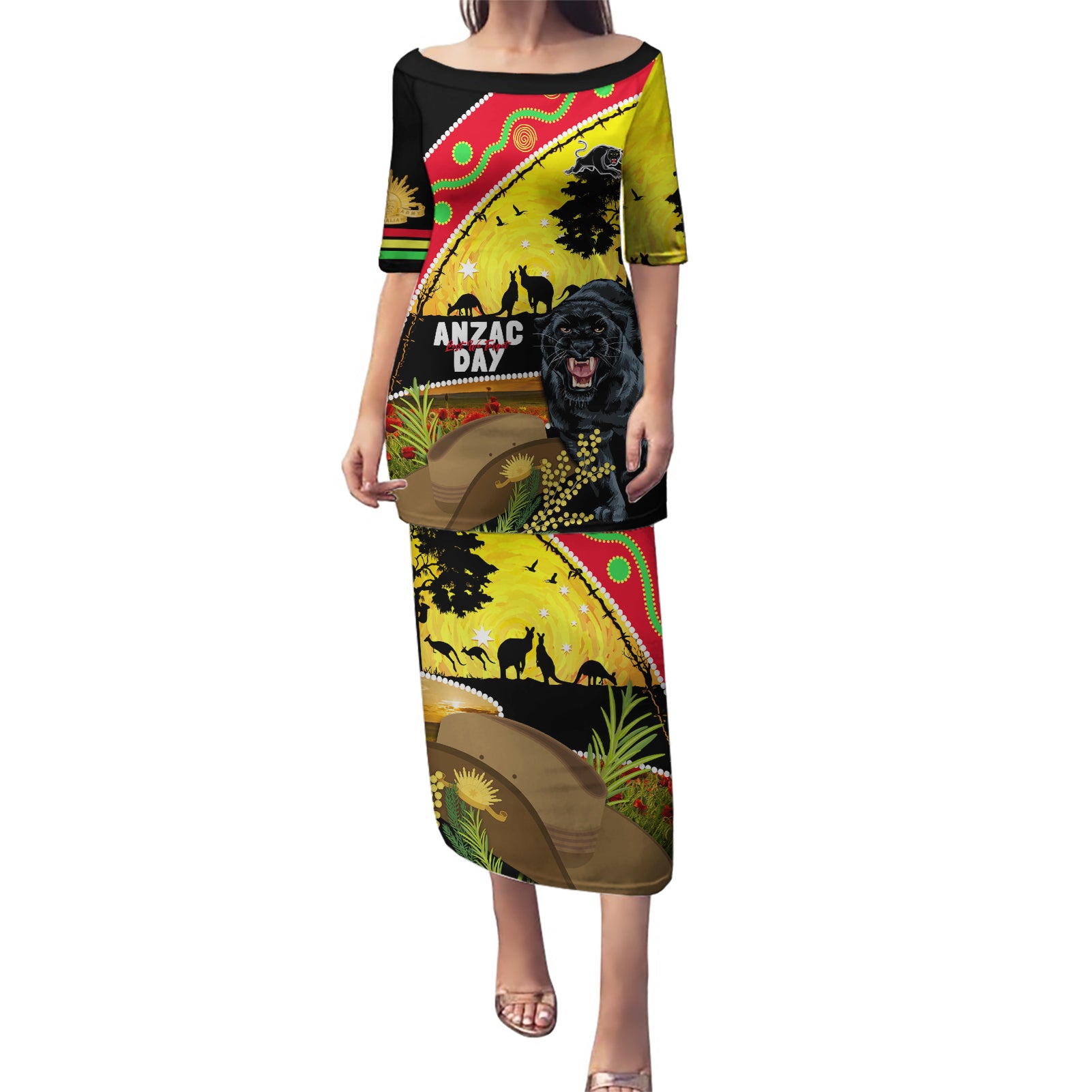 Panthers ANZAC Day Puletasi Pennies Mascot Rosemary Starring Night Style
