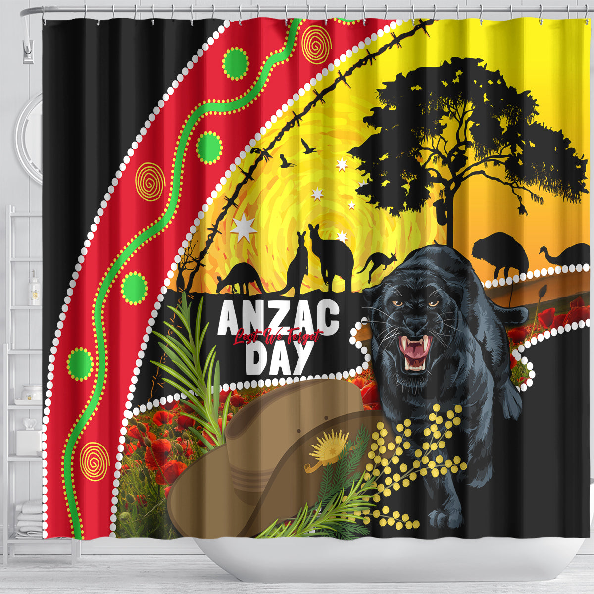 Panthers ANZAC Day Shower Curtain Pennies Mascot Rosemary Starring Night Style