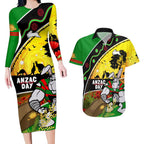 Rabbitohs ANZAC Day Couples Matching Long Sleeve Bodycon Dress and Hawaiian Shirt Souths Mascot Rosemary Starring Night Style