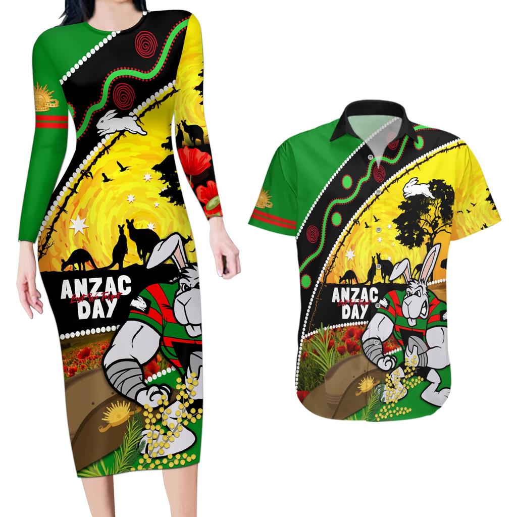 Rabbitohs ANZAC Day Couples Matching Long Sleeve Bodycon Dress and Hawaiian Shirt Souths Mascot Rosemary Starring Night Style