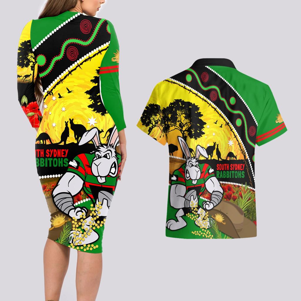 Rabbitohs ANZAC Day Couples Matching Long Sleeve Bodycon Dress and Hawaiian Shirt Souths Mascot Rosemary Starring Night Style