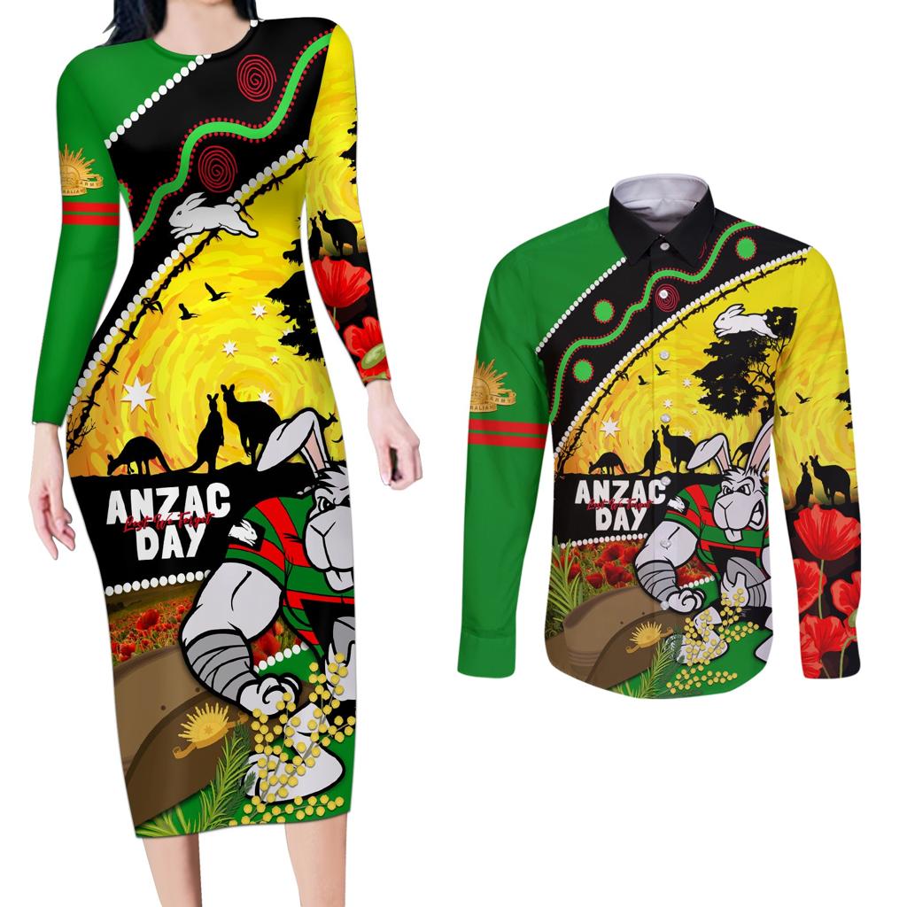 Rabbitohs ANZAC Day Couples Matching Long Sleeve Bodycon Dress and Long Sleeve Button Shirt Souths Mascot Rosemary Starring Night Style