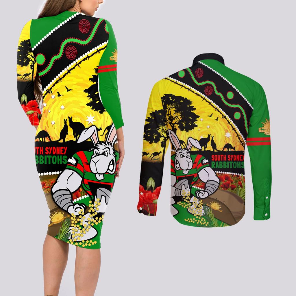 Rabbitohs ANZAC Day Couples Matching Long Sleeve Bodycon Dress and Long Sleeve Button Shirt Souths Mascot Rosemary Starring Night Style