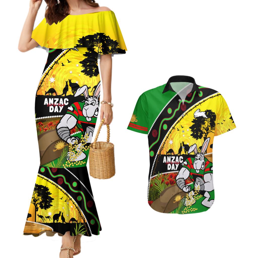 Rabbitohs ANZAC Day Couples Matching Mermaid Dress and Hawaiian Shirt Souths Mascot Rosemary Starring Night Style