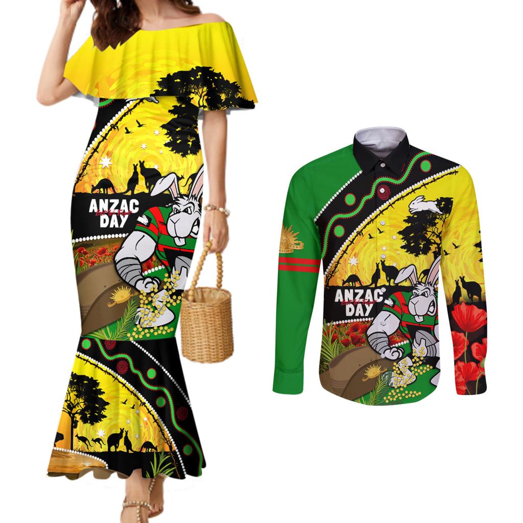 Rabbitohs ANZAC Day Couples Matching Mermaid Dress and Long Sleeve Button Shirt Souths Mascot Rosemary Starring Night Style
