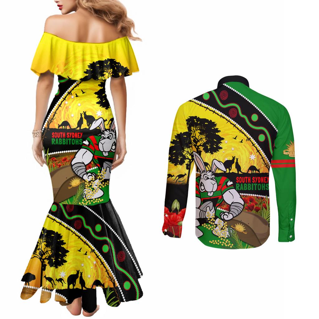 Rabbitohs ANZAC Day Couples Matching Mermaid Dress and Long Sleeve Button Shirt Souths Mascot Rosemary Starring Night Style
