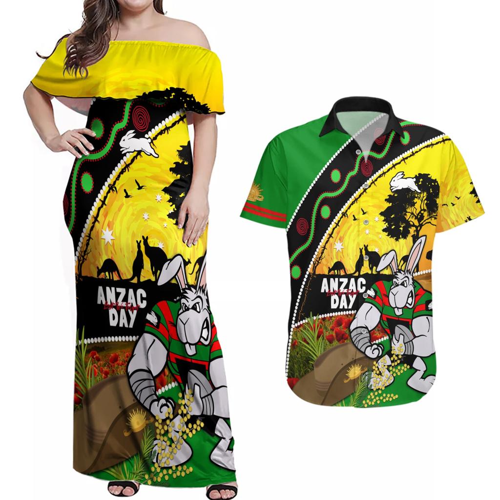 Rabbitohs ANZAC Day Couples Matching Off Shoulder Maxi Dress and Hawaiian Shirt Souths Mascot Rosemary Starring Night Style