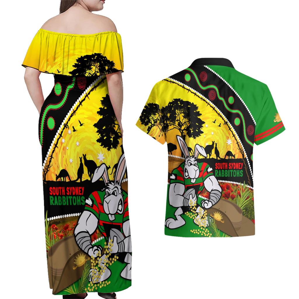 Rabbitohs ANZAC Day Couples Matching Off Shoulder Maxi Dress and Hawaiian Shirt Souths Mascot Rosemary Starring Night Style