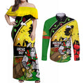 Rabbitohs ANZAC Day Couples Matching Off Shoulder Maxi Dress and Long Sleeve Button Shirt Souths Mascot Rosemary Starring Night Style