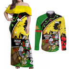 Rabbitohs ANZAC Day Couples Matching Off Shoulder Maxi Dress and Long Sleeve Button Shirt Souths Mascot Rosemary Starring Night Style