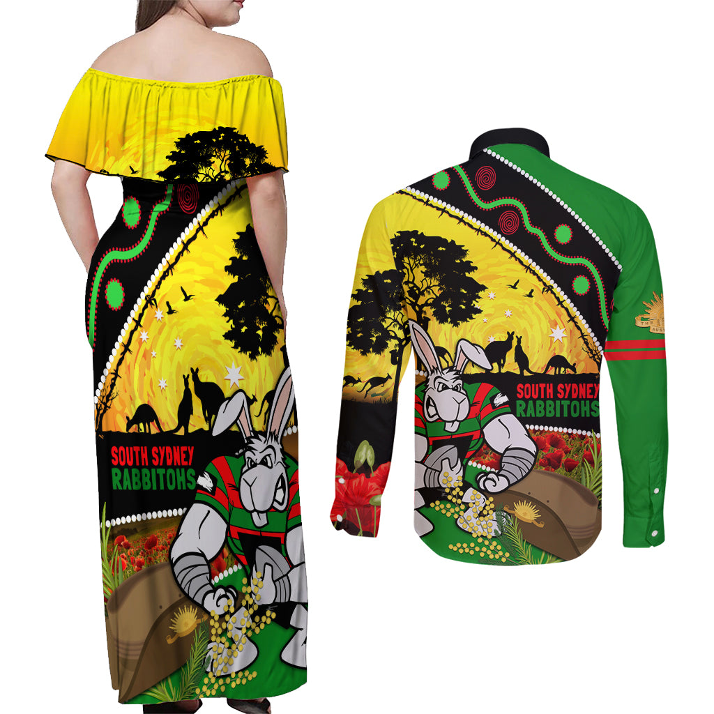 Rabbitohs ANZAC Day Couples Matching Off Shoulder Maxi Dress and Long Sleeve Button Shirt Souths Mascot Rosemary Starring Night Style
