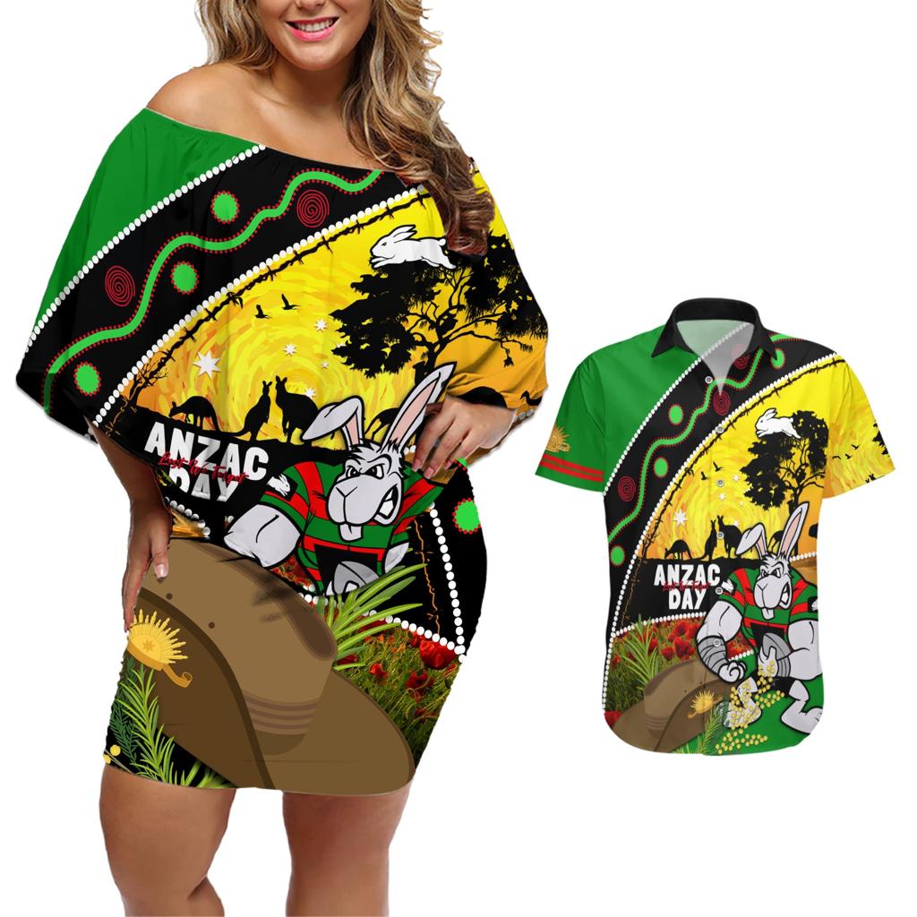 Rabbitohs ANZAC Day Couples Matching Off Shoulder Short Dress and Hawaiian Shirt Souths Mascot Rosemary Starring Night Style