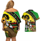 Rabbitohs ANZAC Day Couples Matching Off Shoulder Short Dress and Hawaiian Shirt Souths Mascot Rosemary Starring Night Style