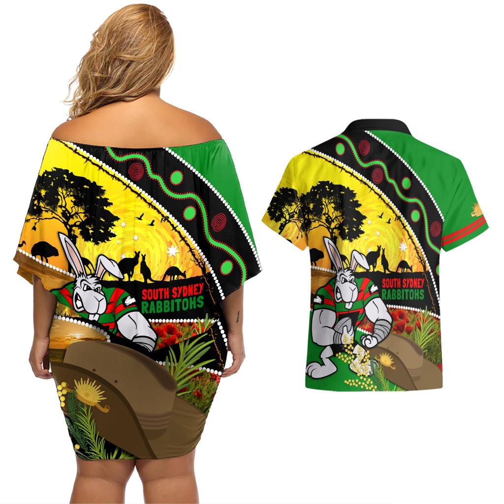 Rabbitohs ANZAC Day Couples Matching Off Shoulder Short Dress and Hawaiian Shirt Souths Mascot Rosemary Starring Night Style