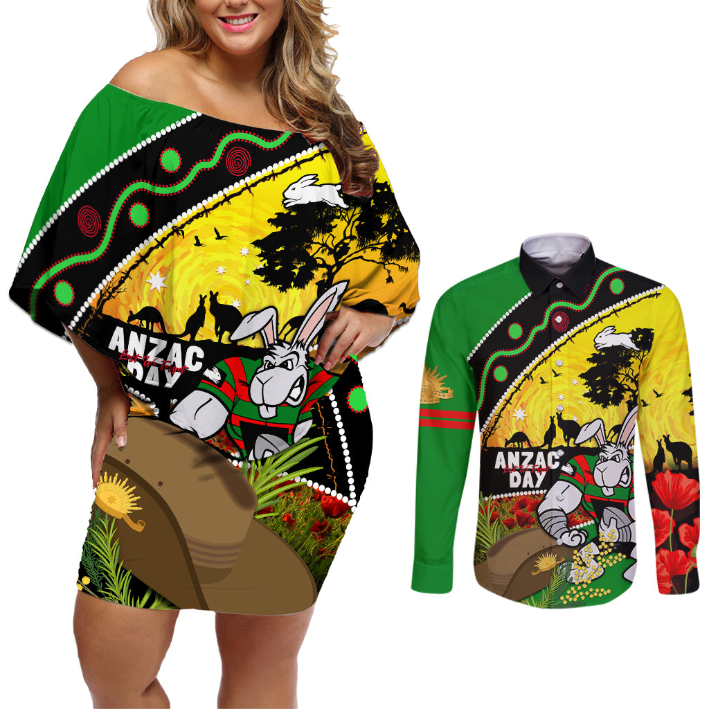 Rabbitohs ANZAC Day Couples Matching Off Shoulder Short Dress and Long Sleeve Button Shirt Souths Mascot Rosemary Starring Night Style