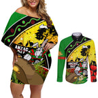 Rabbitohs ANZAC Day Couples Matching Off Shoulder Short Dress and Long Sleeve Button Shirt Souths Mascot Rosemary Starring Night Style