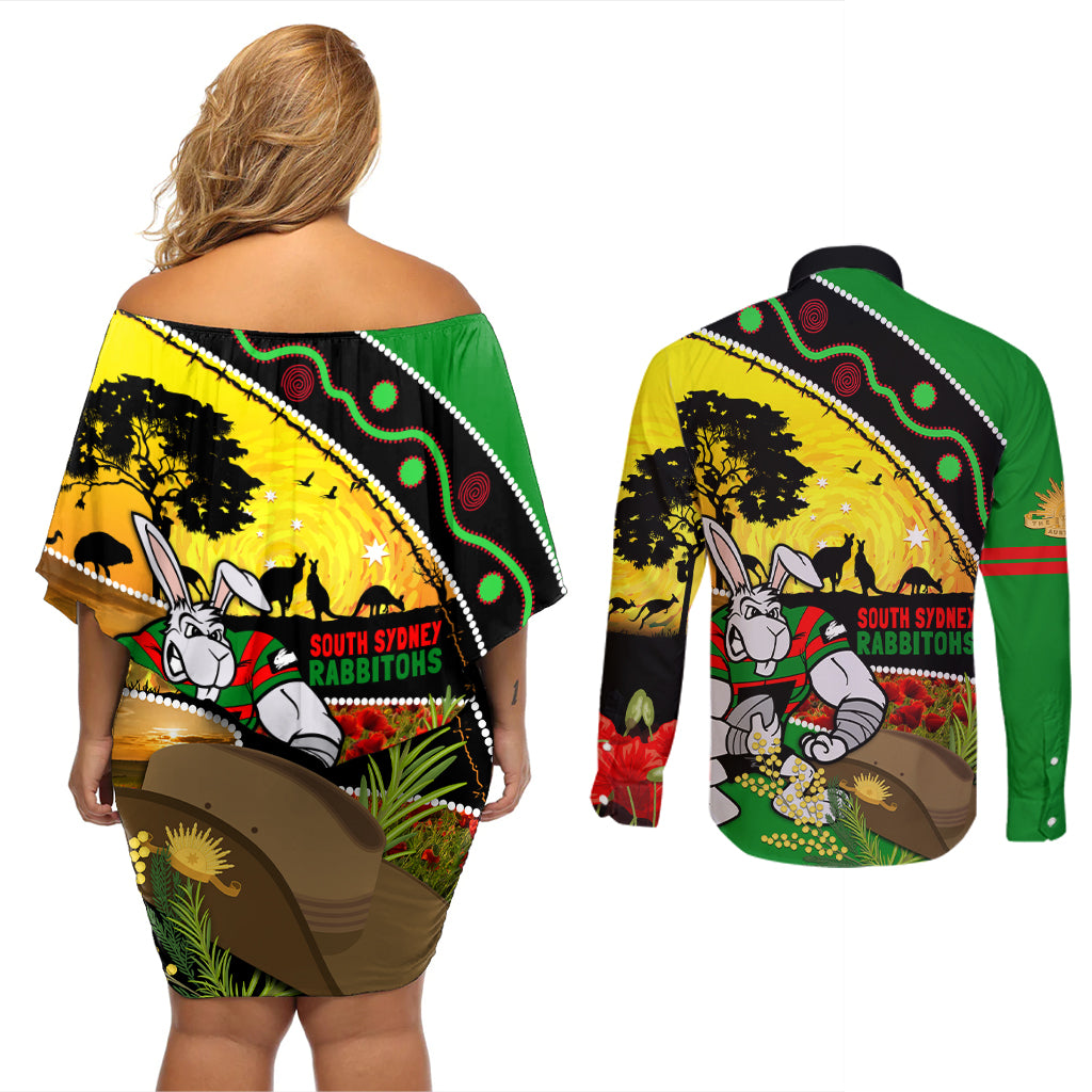 Rabbitohs ANZAC Day Couples Matching Off Shoulder Short Dress and Long Sleeve Button Shirt Souths Mascot Rosemary Starring Night Style