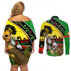 Rabbitohs ANZAC Day Couples Matching Off Shoulder Short Dress and Long Sleeve Button Shirt Souths Mascot Rosemary Starring Night Style