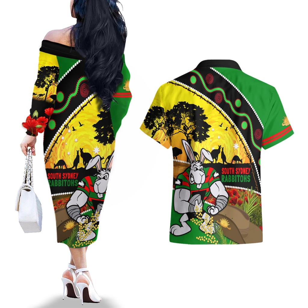 Rabbitohs ANZAC Day Couples Matching Off The Shoulder Long Sleeve Dress and Hawaiian Shirt Souths Mascot Rosemary Starring Night Style