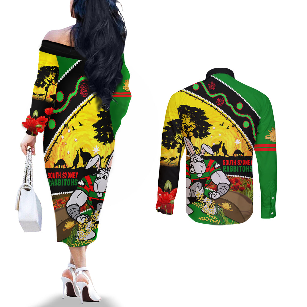 Rabbitohs ANZAC Day Couples Matching Off The Shoulder Long Sleeve Dress and Long Sleeve Button Shirt Souths Mascot Rosemary Starring Night Style