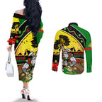 Rabbitohs ANZAC Day Couples Matching Off The Shoulder Long Sleeve Dress and Long Sleeve Button Shirt Souths Mascot Rosemary Starring Night Style
