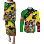 Rabbitohs ANZAC Day Couples Matching Puletasi and Long Sleeve Button Shirt Souths Mascot Rosemary Starring Night Style