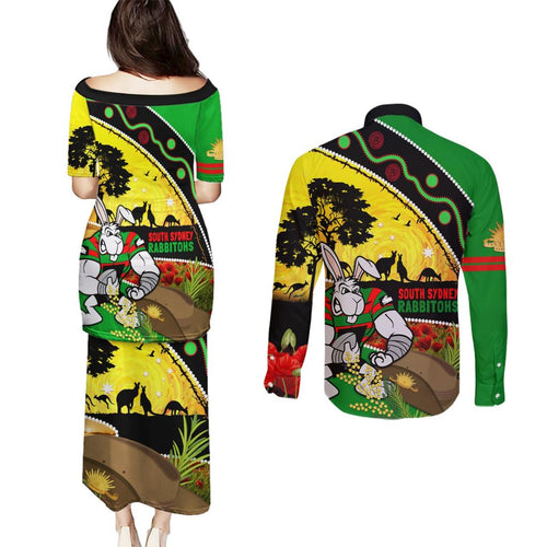 Rabbitohs ANZAC Day Couples Matching Puletasi and Long Sleeve Button Shirt Souths Mascot Rosemary Starring Night Style