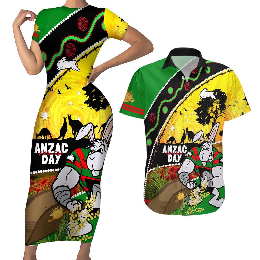 Rabbitohs ANZAC Day Couples Matching Short Sleeve Bodycon Dress and Hawaiian Shirt Souths Mascot Rosemary Starring Night Style