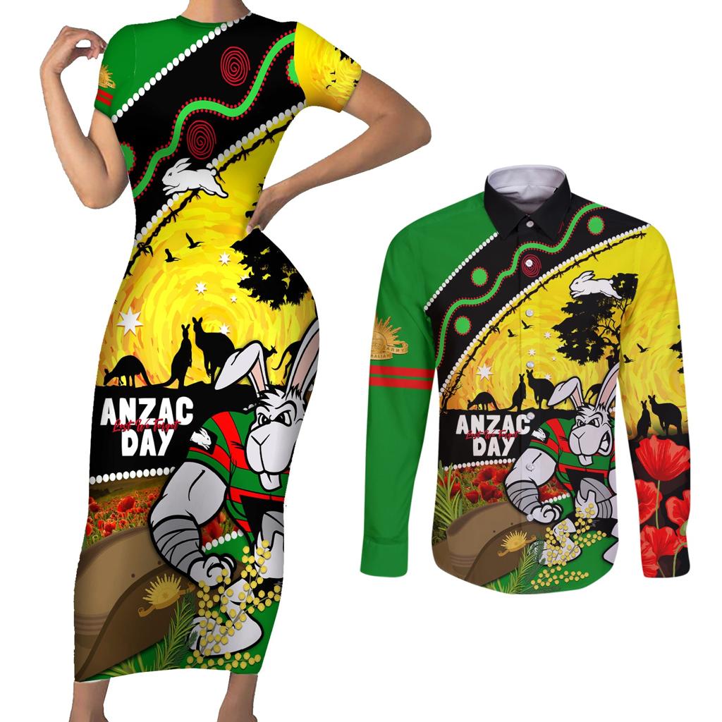 Rabbitohs ANZAC Day Couples Matching Short Sleeve Bodycon Dress and Long Sleeve Button Shirt Souths Mascot Rosemary Starring Night Style