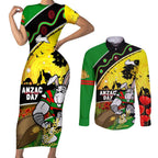 Rabbitohs ANZAC Day Couples Matching Short Sleeve Bodycon Dress and Long Sleeve Button Shirt Souths Mascot Rosemary Starring Night Style