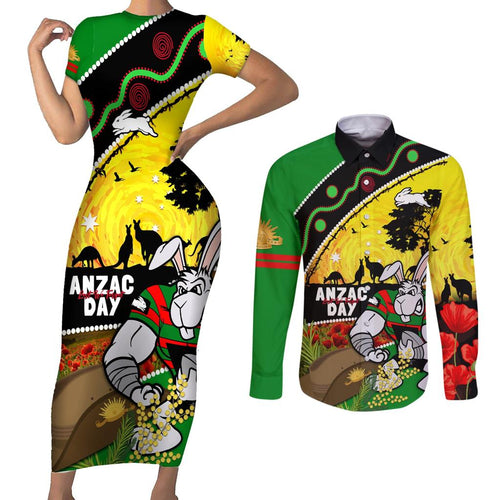 Rabbitohs ANZAC Day Couples Matching Short Sleeve Bodycon Dress and Long Sleeve Button Shirt Souths Mascot Rosemary Starring Night Style