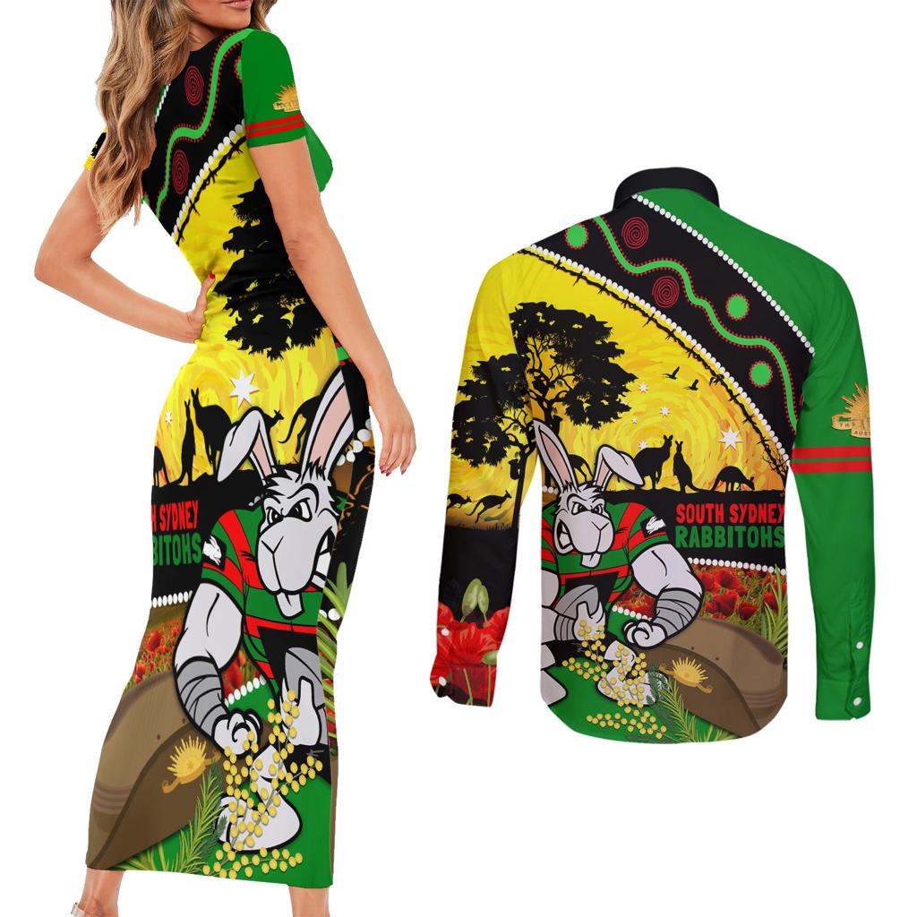Rabbitohs ANZAC Day Couples Matching Short Sleeve Bodycon Dress and Long Sleeve Button Shirt Souths Mascot Rosemary Starring Night Style
