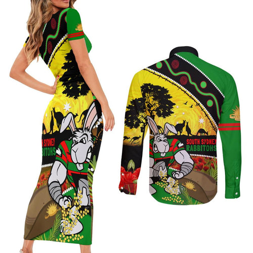 Rabbitohs ANZAC Day Couples Matching Short Sleeve Bodycon Dress and Long Sleeve Button Shirt Souths Mascot Rosemary Starring Night Style