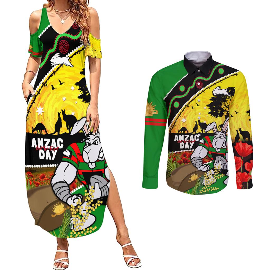 Rabbitohs ANZAC Day Couples Matching Summer Maxi Dress and Long Sleeve Button Shirt Souths Mascot Rosemary Starring Night Style