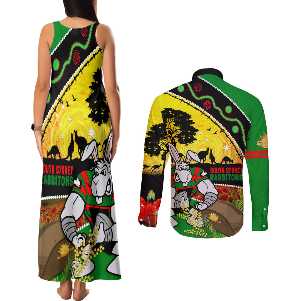 Rabbitohs ANZAC Day Couples Matching Tank Maxi Dress and Long Sleeve Button Shirt Souths Mascot Rosemary Starring Night Style