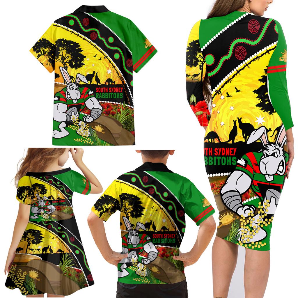 Rabbitohs ANZAC Day Family Matching Long Sleeve Bodycon Dress and Hawaiian Shirt Souths Mascot Rosemary Starring Night Style