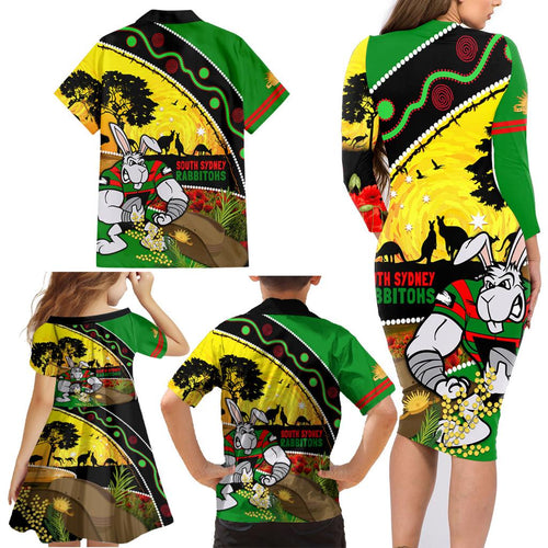 Rabbitohs ANZAC Day Family Matching Long Sleeve Bodycon Dress and Hawaiian Shirt Souths Mascot Rosemary Starring Night Style