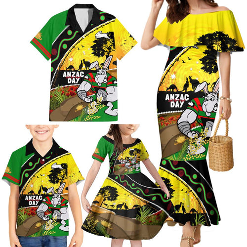 Rabbitohs ANZAC Day Family Matching Mermaid Dress and Hawaiian Shirt Souths Mascot Rosemary Starring Night Style