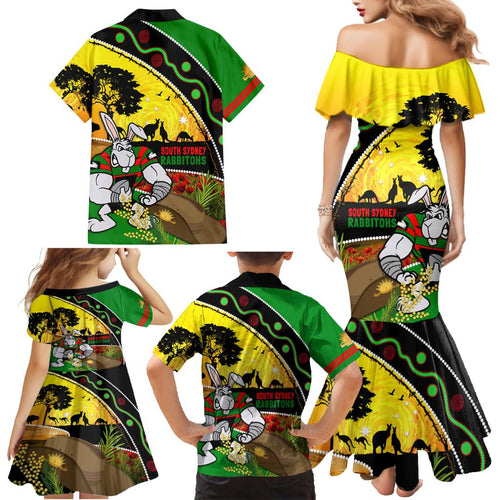Rabbitohs ANZAC Day Family Matching Mermaid Dress and Hawaiian Shirt Souths Mascot Rosemary Starring Night Style