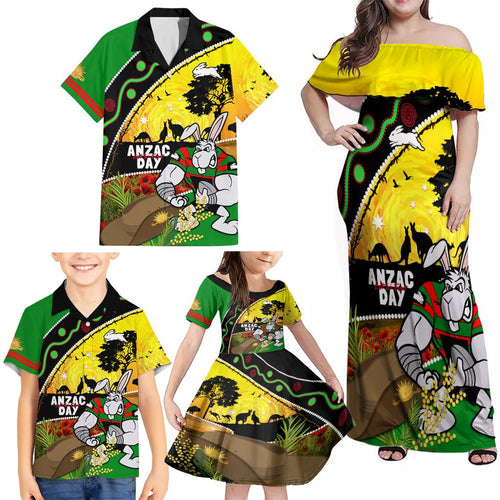 Rabbitohs ANZAC Day Family Matching Off Shoulder Maxi Dress and Hawaiian Shirt Souths Mascot Rosemary Starring Night Style