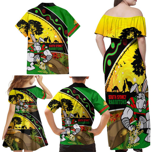 Rabbitohs ANZAC Day Family Matching Off Shoulder Maxi Dress and Hawaiian Shirt Souths Mascot Rosemary Starring Night Style
