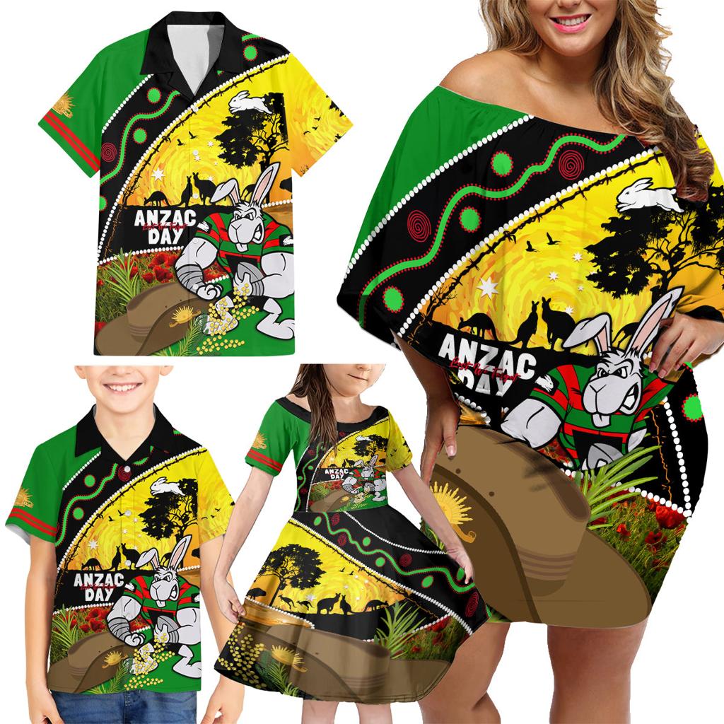 Rabbitohs ANZAC Day Family Matching Off Shoulder Short Dress and Hawaiian Shirt Souths Mascot Rosemary Starring Night Style