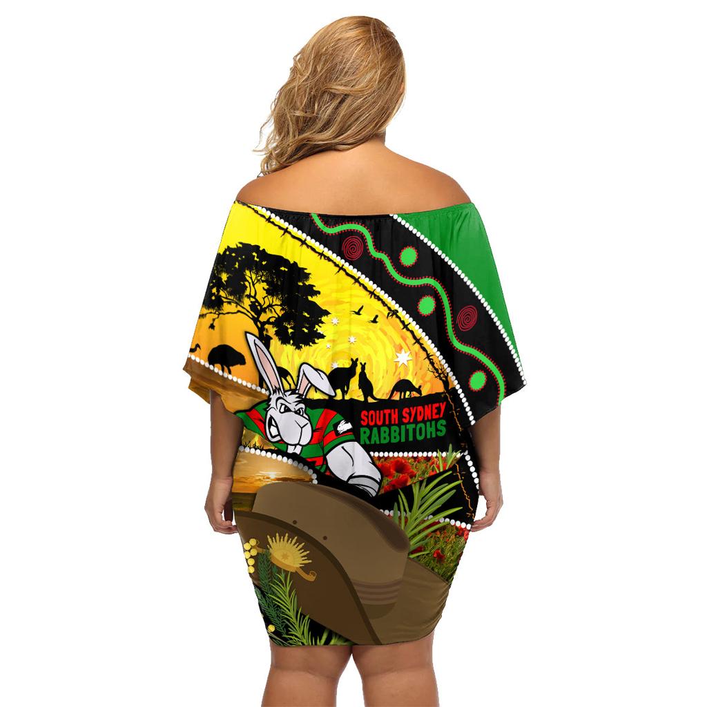 Rabbitohs ANZAC Day Family Matching Off Shoulder Short Dress and Hawaiian Shirt Souths Mascot Rosemary Starring Night Style