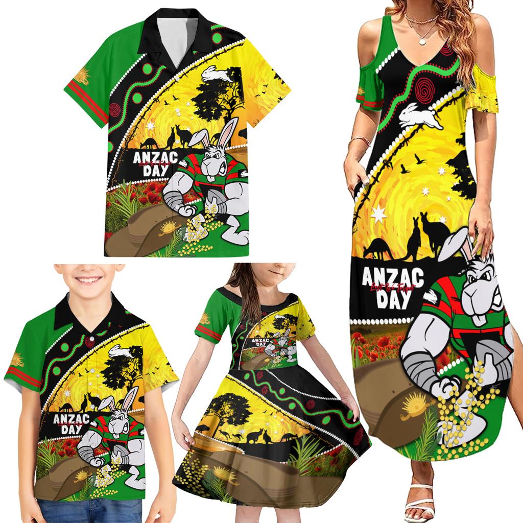 Rabbitohs ANZAC Day Family Matching Summer Maxi Dress and Hawaiian Shirt Souths Mascot Rosemary Starring Night Style