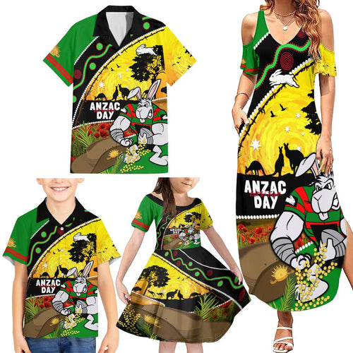 Rabbitohs ANZAC Day Family Matching Summer Maxi Dress and Hawaiian Shirt Souths Mascot Rosemary Starring Night Style