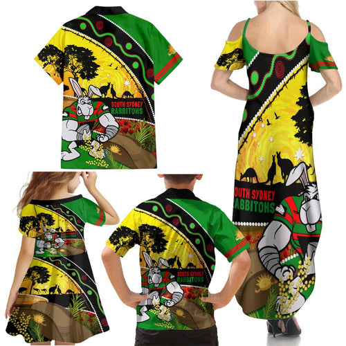 Rabbitohs ANZAC Day Family Matching Summer Maxi Dress and Hawaiian Shirt Souths Mascot Rosemary Starring Night Style