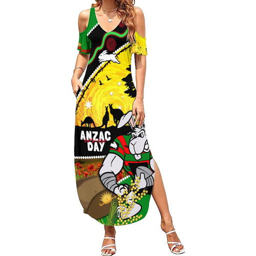 Rabbitohs ANZAC Day Family Matching Summer Maxi Dress and Hawaiian Shirt Souths Mascot Rosemary Starring Night Style